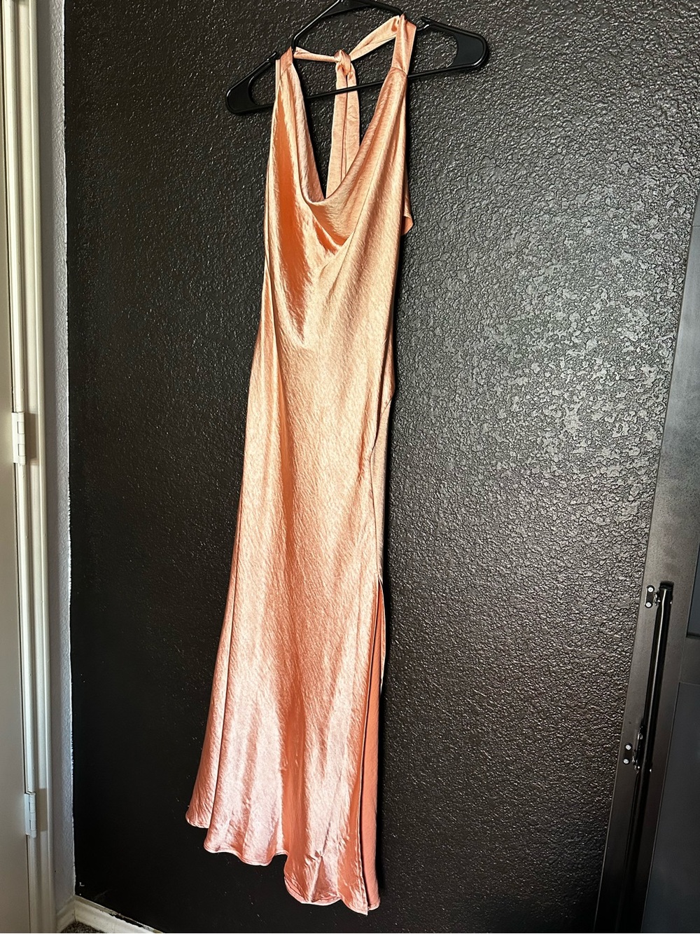 Hello Molly Satin Cowl Halter Neck Slip Side Slit Dress in Peach size L/US 8